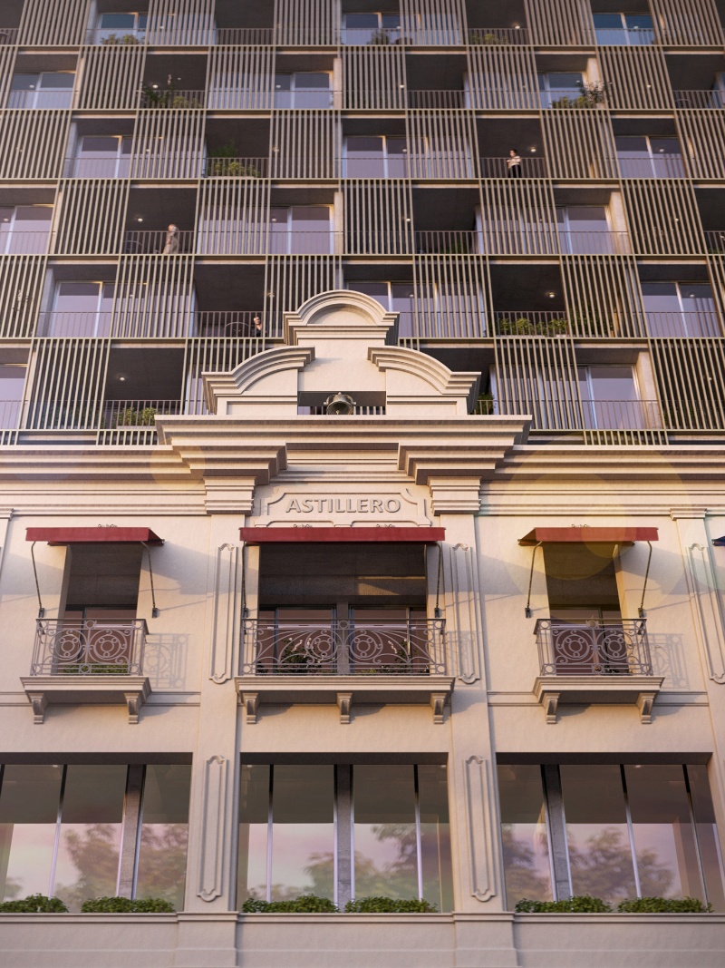 Proyectamos Astillero sobre el terreno de una propiedad existente de principios del siglo XX, originalmente un Astillero de la ribera del Río de la Plata, hoy parte del patrimonio de la Ciudad y que da nombre al edificio.